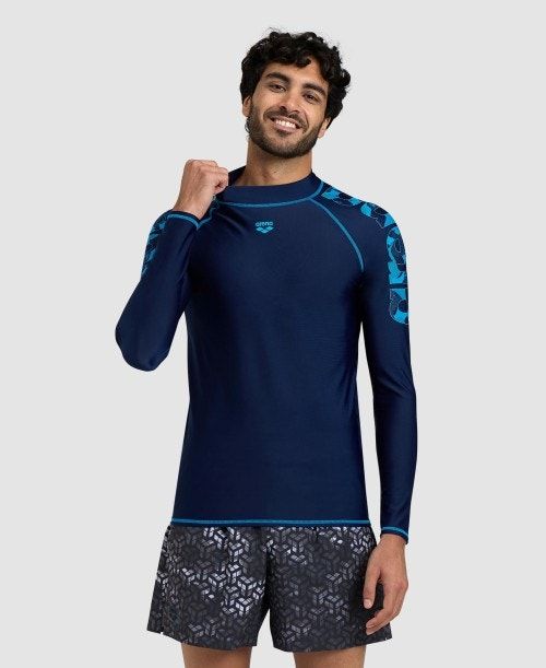 Arena Long Sleeve Rash Guard Miesten Villapusero Laivastonsininen Turkoosi | 97054WSUD