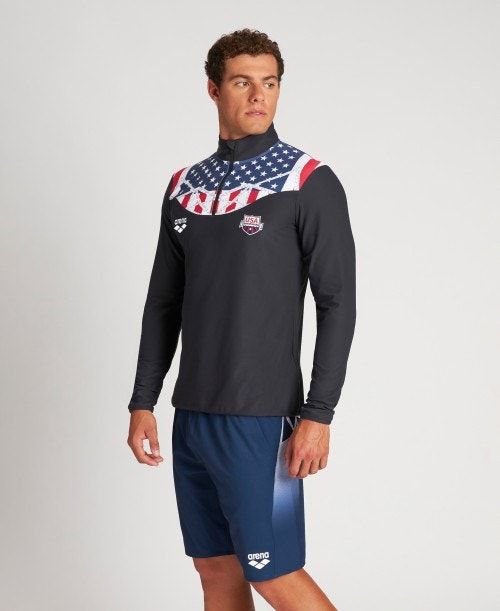 Arena Usa Swimming Team Kit Half Zip Shirt Miesten Shortsit Mustat | 32419FBHN