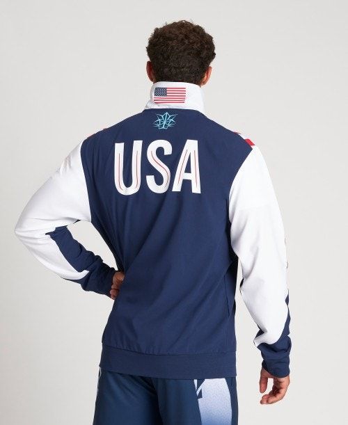 Arena Usa Swimming Team Kit Warm Up Jacket Miesten Takit Laivastonsininen Valkoinen | 02468DHFI